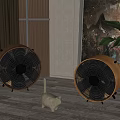 Two Brown Air Cooler Fans With White Cat Figurine And Green Plant In Interior Room
