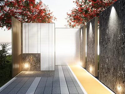 Feature Wall Landscape Design With Red Trees Lighting Wooden Panels Stone Pathway And Yellow Walkway 3d model