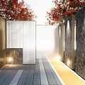 Feature Wall Landscape Design With Red Trees Lighting Wooden Panels Stone Pathway And Yellow Walkway