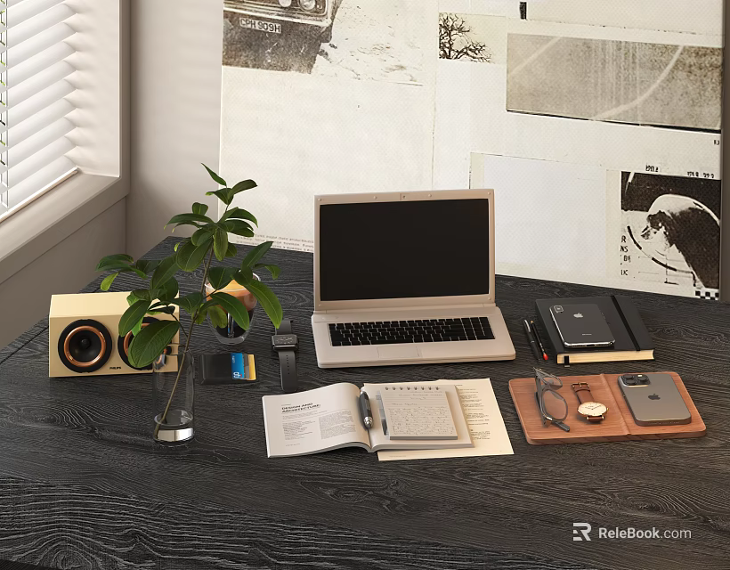 Laptop Desk Setup With Speaker Green Plant Open Book Notebook And Accessories 3d model 