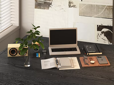 Laptop Desk Setup With Speaker Green Plant Open Book Notebook And Accessories 3d model