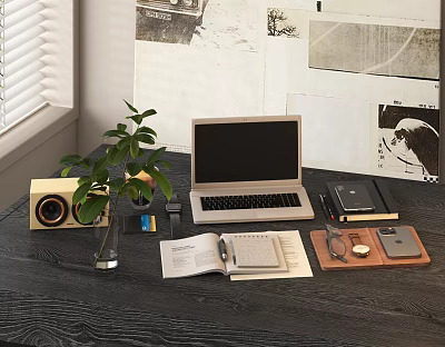 Laptop Desk Setup With Speaker Green Plant Open Book Notebook And Accessories 3d model