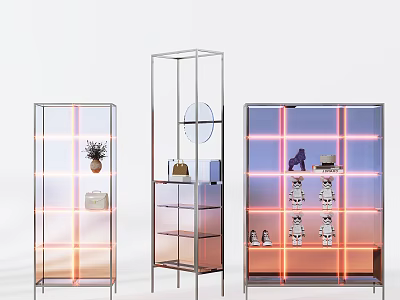 Sleek Modern Display Cabinets With Metal Frame Glass Shelves And LED Lighting For Decor Items 3d model