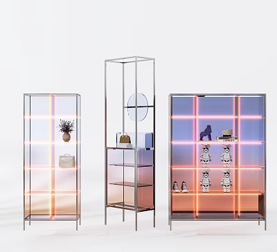 Sleek Modern Display Cabinets With Metal Frame Glass Shelves And LED Lighting For Decor Items 3d model