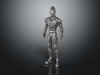 Silver Humanoid Robot Character With Metallic Armor Standing On Dark Reflective Surface 3d model