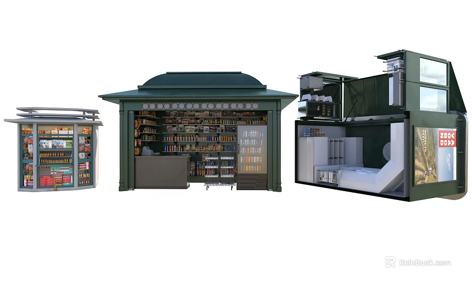 Roadside Facilities Featuring Green Kiosk With Glass Windows Shelves And Storage Units 3d model 