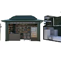Roadside Facilities Featuring Green Kiosk With Glass Windows Shelves And Storage Units