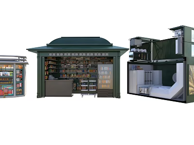 Roadside Facilities Featuring Green Kiosk With Glass Windows Shelves And Storage Units 3d model