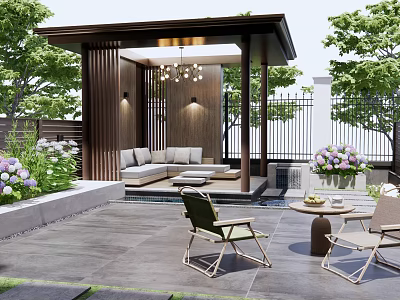 Stylish Courtyard Garden With Covered Seating Sofa Chandelier Outdoor Dining Set And Purple White Blooms 3d model