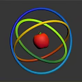 3D Atomic Structure Model With Central Red Sphere And Colorful Hoops Blue Green Yellow Orange