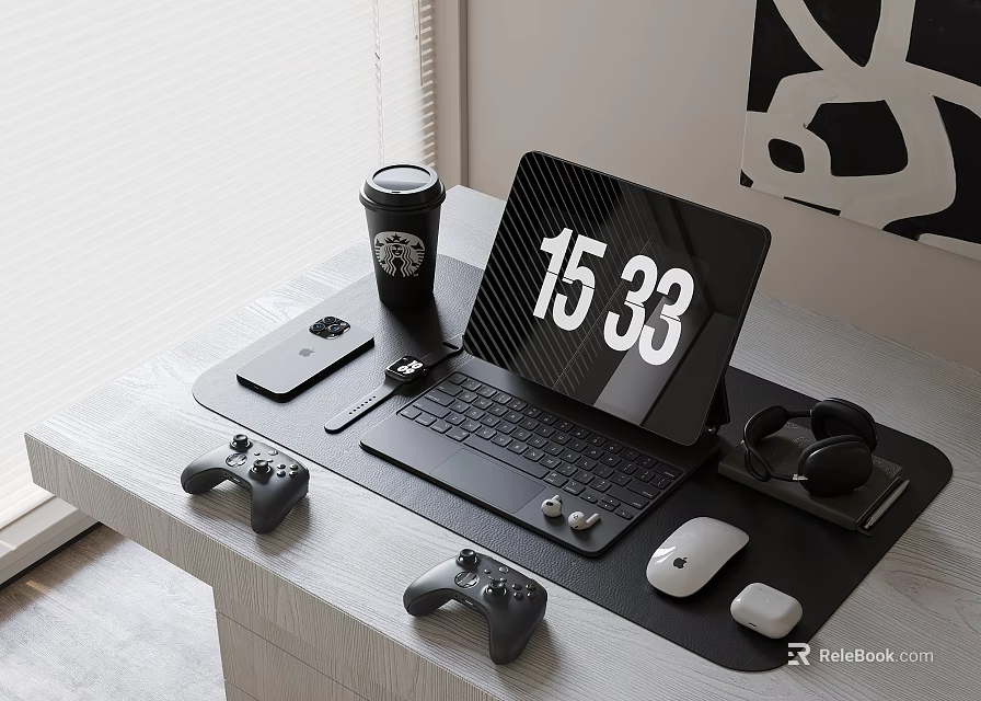 Gaming Laptop Desk Setup With Starbucks Cup Smartphone Controller Mouse And Headphones 3d model 