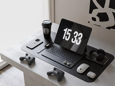 Gaming Laptop Desk Setup With Starbucks Cup Smartphone Controller Mouse And Headphones 3d model