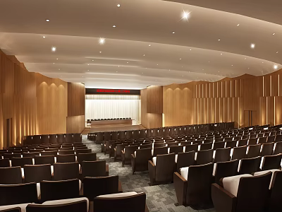 Large Auditorium Interior With Rows Of Seats Wooden Walls And Ceiling Lights 3d model