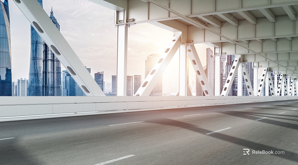 Modern Steel Frame Bridge Over Road With Urban City Skyline And Sunlight 3d model 