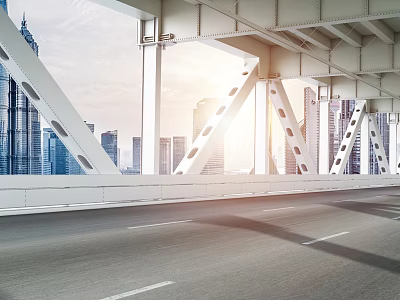 Modern Steel Frame Bridge Over Road With Urban City Skyline And Sunlight 3d model