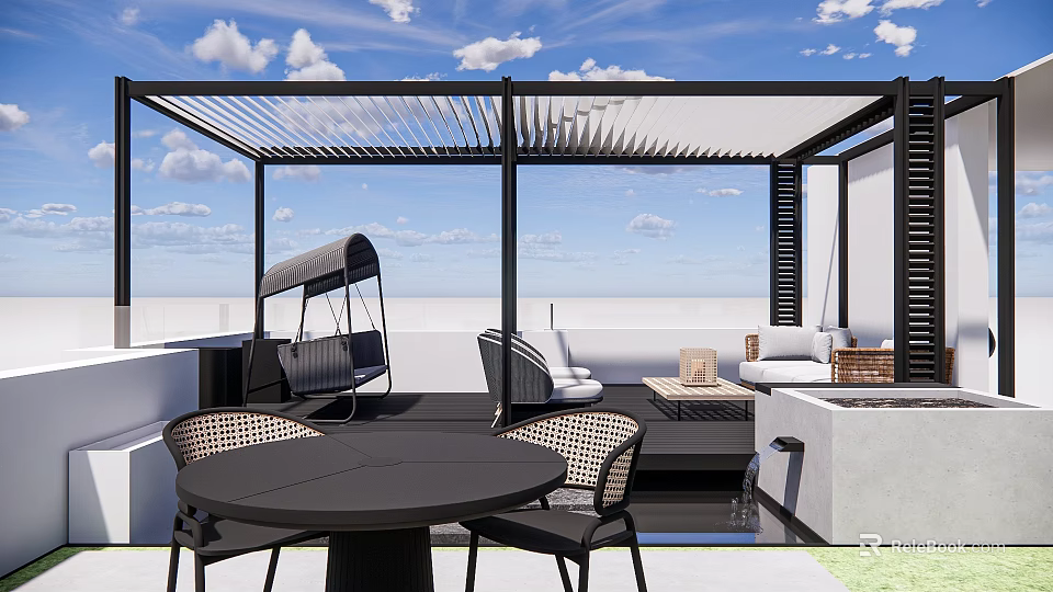 Modern Rooftop Garden With Pergola Woven Chairs Round Table And Water Feature 3d model 