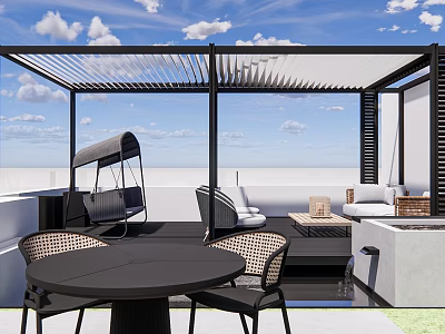Modern Rooftop Garden With Pergola Woven Chairs Round Table And Water Feature 3d model