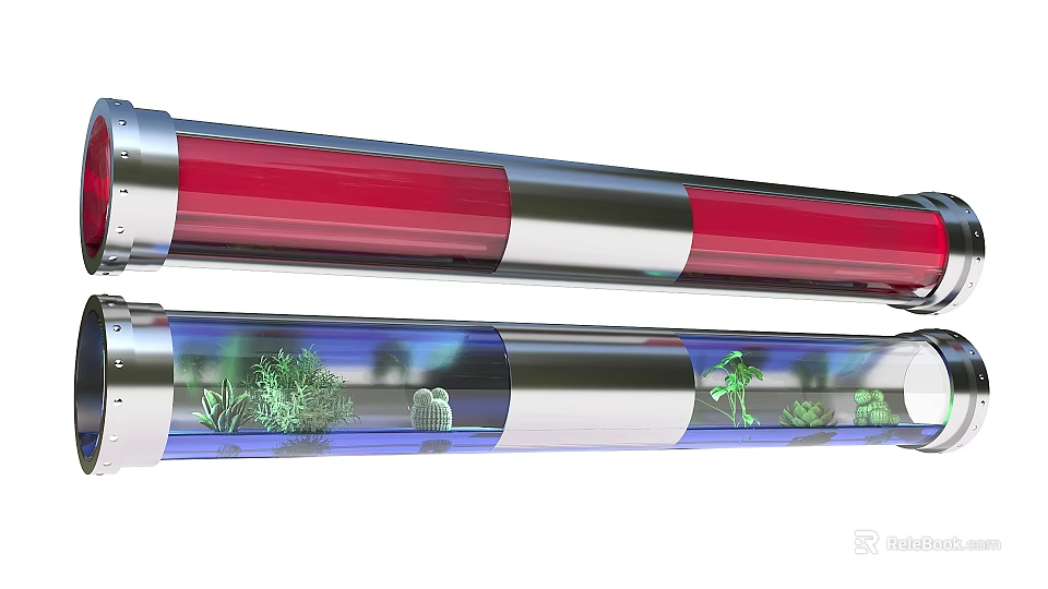 Decorative Metal Tubes with Silver Layer Red Transparent Sections Green Plants and Small Decorations 3d model 