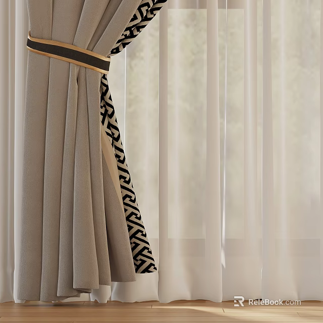 Elegant Beige Curtains With Black Gold Geometric Pattern And Sheer Panels 3d model 