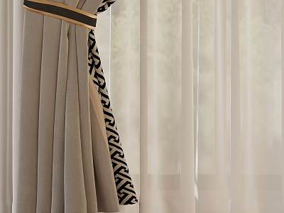Elegant Beige Curtains With Black Gold Geometric Pattern And Sheer Panels 3d model