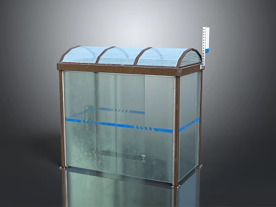 Outdoor Shelter Structure With Transparent Curved Roof Metal Frame Glass Walls And Blue Warning Tape 3d model