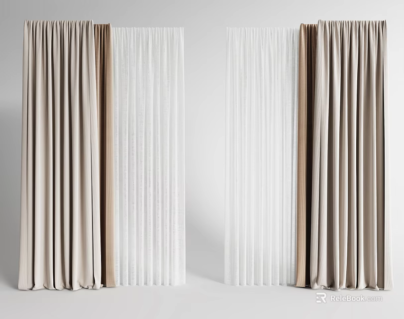 Beige And White Layered Curtains With Sheer And Velvet Textured Designs 3d model 