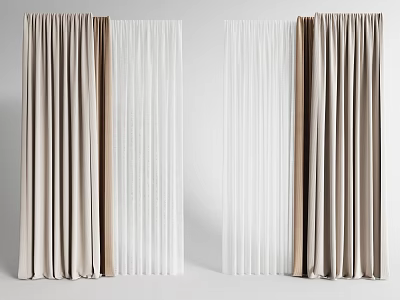 Beige And White Layered Curtains With Sheer And Velvet Textured Designs 3d model