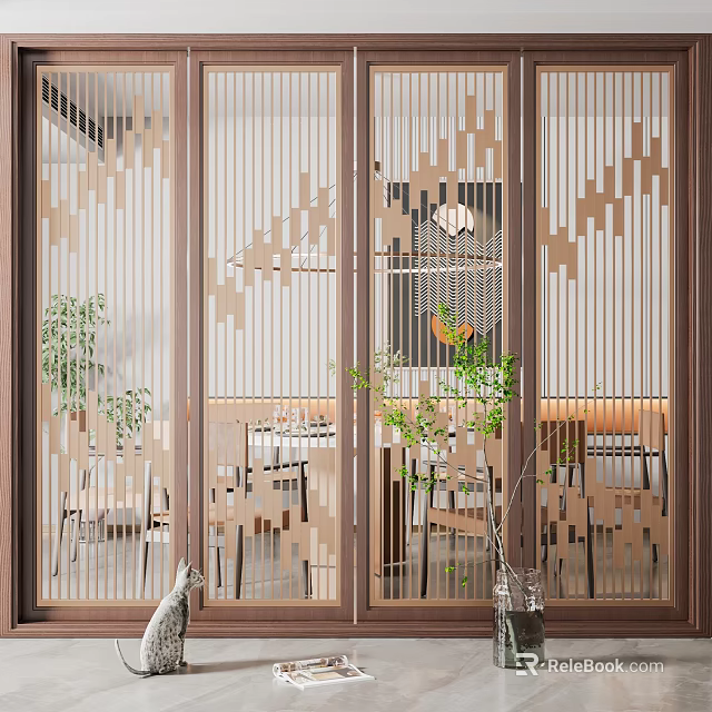 Modern Glass Wood Room Divider with Geometric Cutouts in Dining Interior Featuring Green Plants 3d model 