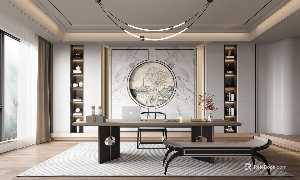 Chinese Study Room with Round Decorative Painting Bookshelves Desk Laptop Vase Carpet and Chandelier 3d model 