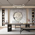 Chinese Study Room with Round Decorative Painting Bookshelves Desk Laptop Vase Carpet and Chandelier
