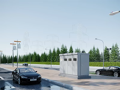 Road Facilities With Street Lamps Roadside Utility Cabinets And Green Trees On Urban Road 3d model
