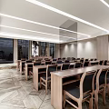 Modern Conference Room Interior With Long Tables Chairs Overhead Lighting And City View Windows