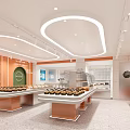 Dessert Shop Interior with Orange Walls Curved Lighting and Display Counters of Fresh Desserts