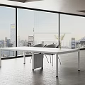 Modern Office Desk With White Tabletop Gray Chairs And City View Through Large Window