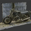 Black Classic Motorcycle Parked On Slate Platform Against Gray Stone Wall 3d model