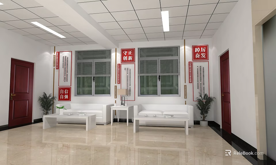 Spacious Bright Office Reception Area With Comfortable White Sofas Marble Floor And Cultural Wall Decorations 3d model 