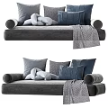 Stylish Gray and Blue Plush Pillows on Comfortable Sofa with Throw Blanket
