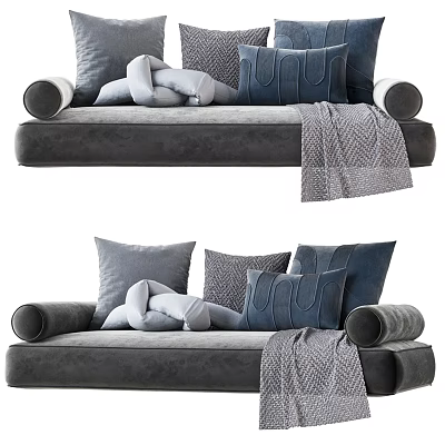 Stylish Gray and Blue Plush Pillows on Comfortable Sofa with Throw Blanket 3d model