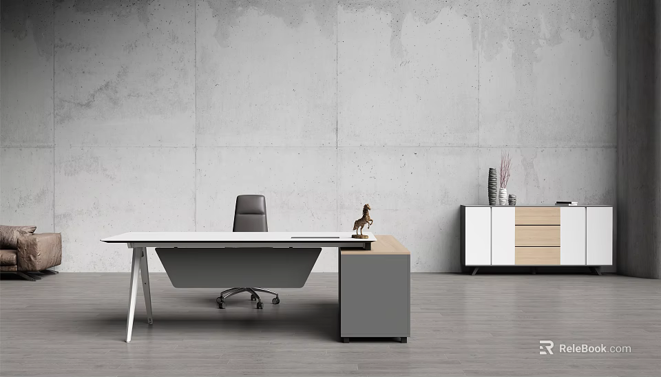 White Office Desk With Black Chair Gray Wall And Gray Wooden Cabinet With Vase Items 3d model 