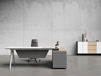 White Office Desk With Black Chair Gray Wall And Gray Wooden Cabinet With Vase Items 3d model