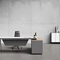 White Office Desk With Black Chair Gray Wall And Gray Wooden Cabinet With Vase Items