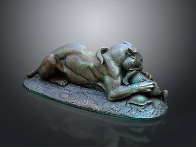 Realistic Bronze Panther Sculpture Lying On Textured Base With Intricate Details 3d model