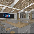 School Classroom Interior With Bamboo Ceiling Large Blackboard Screen Wooden Tables Bar Stools And Plants