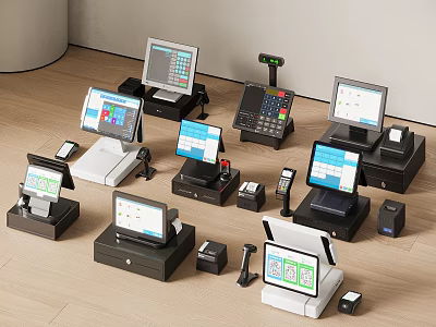 Various Retail POS Systems With Displays Barcode Scanners And Cash Drawers For Business 3d model