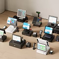 Various Retail POS Systems With Displays Barcode Scanners And Cash Drawers For Business