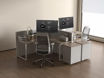 Modern L Shaped Office Desk With Dual Monitors Office Chair Books Coffee Cup Plant 3d model