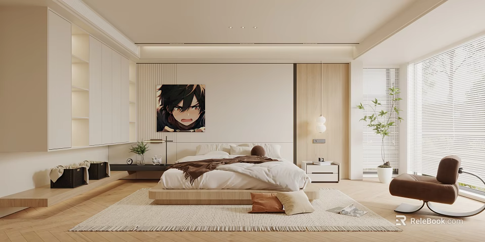 Modern Bedroom Interior With Wooden Bed Decorative Painting Area Rug And Plants 3d model 