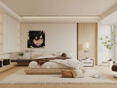 Modern Bedroom Interior With Wooden Bed Decorative Painting Area Rug And Plants 3d model