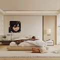 Modern Bedroom Interior With Wooden Bed Decorative Painting Area Rug And Plants