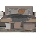 Modern Double Bed Setup With Gray Bedding Brown Pillows Nightstands And Stool On Rug 3d model